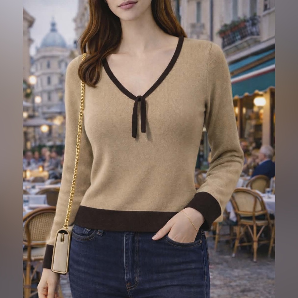 Women’s Tan V-Neck Tie Sweater with Dark Trim